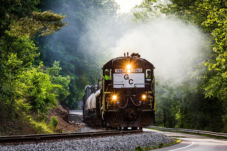 kereta api, kereta api, lokomotif diesel, merokok, pohon, Wallpaper HD