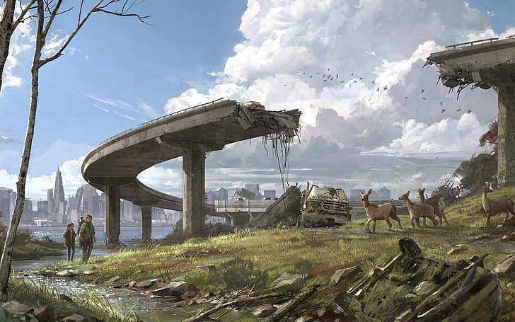 game application screenshot, artwork, apocalyptic, city, The Last of Us, ruin, deer, desolation, video games, HD wallpaper