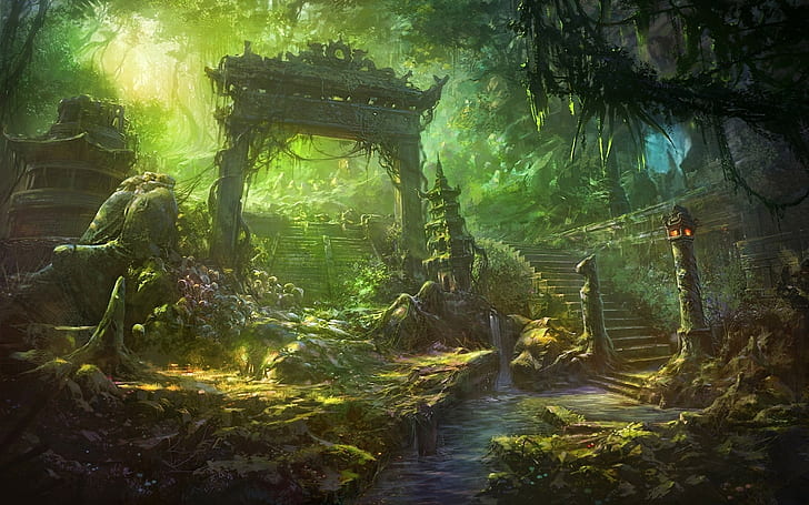 forêt, ruine, art fantastique, jungle, Fond d'écran HD