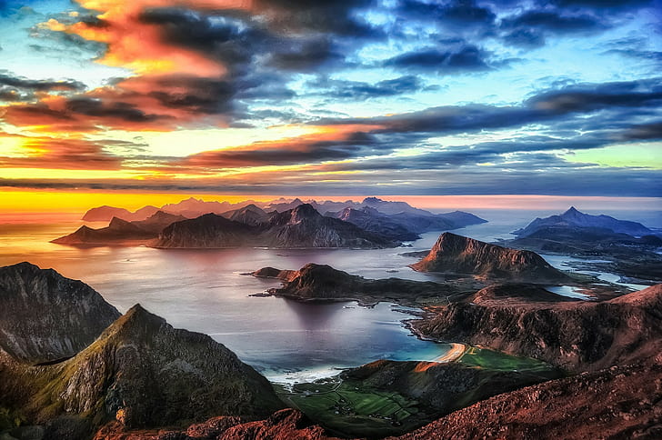 自然風景日没山海ビーチ雲空ロフォーテン諸島夏ノルウェー、 HDデスクトップの壁紙