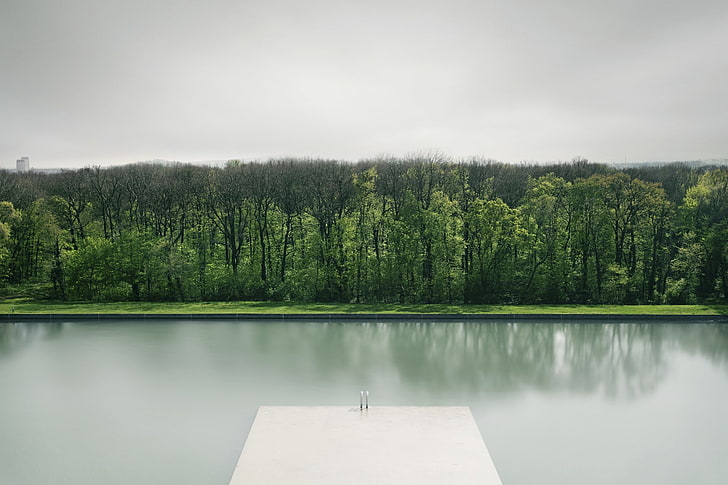 photo d'un plan d'eau près d'une forêt, forêt, herbe, eau, eaux calmes, calme, minimalisme, nuages, Fond d'écran HD