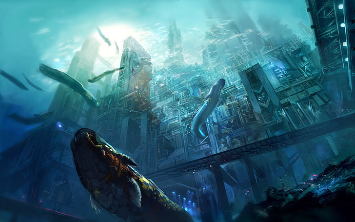 ilustrasi kota bawah air bertema fantasi, karya seni, konsep seni, kota, bawah air, laut, seni fantasi, seni digital, futuristik, Wallpaper HD