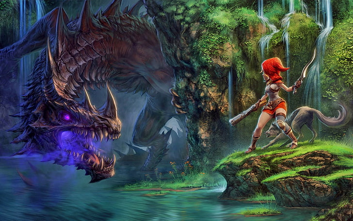 Dragon and woman illustration, dragon fin soup, ridding hood, wolf, dragon, gun, HD wallpaper