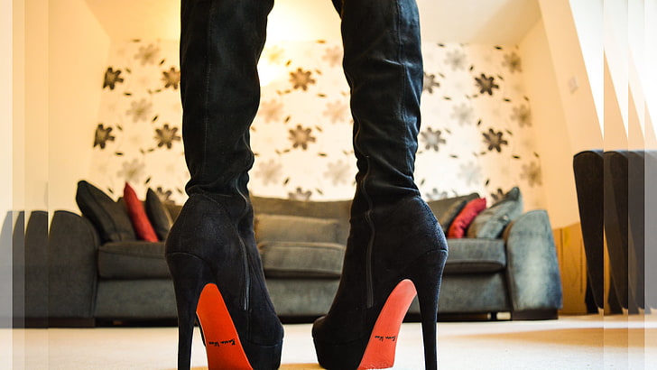 paire de bottes à talon en cuir noir, bottes, talons, bottes à hauteur du genou, femme, Fond d'écran HD