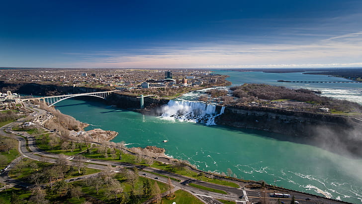 Niagara Falls, Ontario, Kanada, flygfoto, Kanada, bro, flod, panorama, Ontario, Niagara Falls, HD tapet