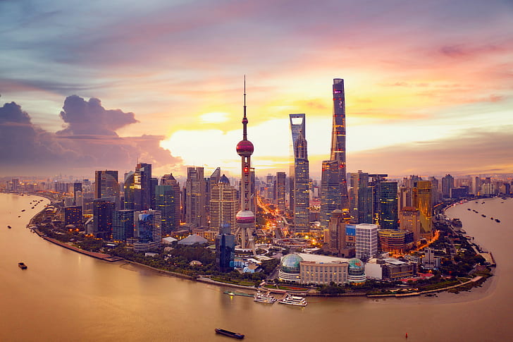 zachód słońca, rzeka, Chiny, budynek, wieża, dom, Szanghaj, drapacze chmur, Rzeka Huangpu, Rzeka Huangpu, Tapety HD
