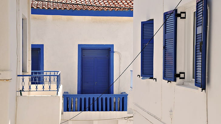 Balcony in Santorini, blue wooden window and doors, world, 1920x1080, santorini, greece, europe, balcony, HD wallpaper