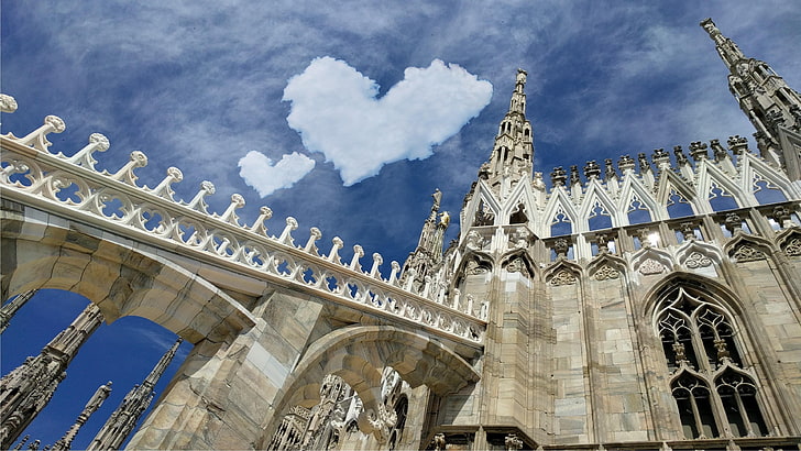heart, clouds, dome, cathedral, milan, europe, architecture, buildings, love, romantic, romance, HD wallpaper