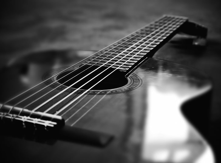 Гитара, черная акустическая гитара, черный и белый, музыка, HD обои