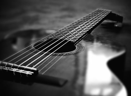 ギター、黒のアコースティックギター、黒と白、音楽、 HDデスクトップの壁紙 HD wallpaper