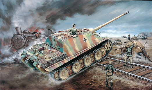 бежевый и зеленый боевой танк, рисунок, второй мир, немцы, сау, вермахт, джагдпантер, Sd.Car.173, самоходная артиллерия, танковый истребитель, HD обои HD wallpaper