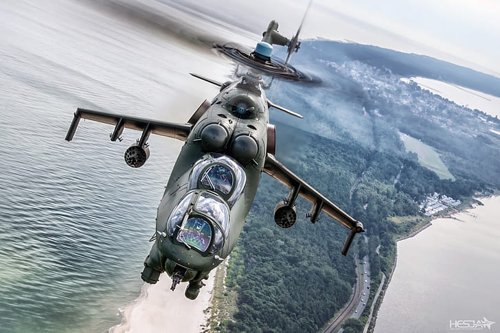 Mar, trenza, Mi-24, helicóptero de ataque, cabina, fuerza aérea polaca, fotografía de arte aéreo HESJA, Fondo de pantalla HD