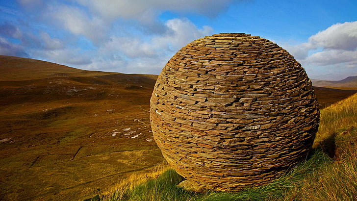 round brown wicker table top, nature, landscape, hills, clouds, Scotland, UK, sphere, bricks, valley, grass, stones, HD wallpaper