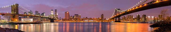 Бруклинский мост и Манхэттенский мост, Нью-Йорк, Северная Америка, Нью-Йорк, река, огни, город, Бруклин, мост, Манхэттен, панорама, ночь, огни города, тройной экран, несколько дисплеев, HD обои