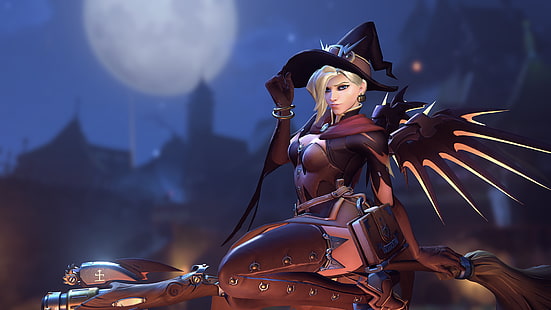 witch illustration, untitled, Overwatch, Halloween, thigh-highs, witch, Mercy (Overwatch), Witch Mercy, HD wallpaper HD wallpaper