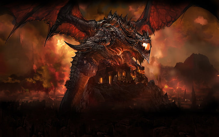 Fondo de pantalla de World of Warcraft Deathwing, World of Warcraft: Cataclysm, Deathwing, dragón, Hearthstone: Heroes of Warcraft, World of Warcraft, videojuegos, Fondo de pantalla HD