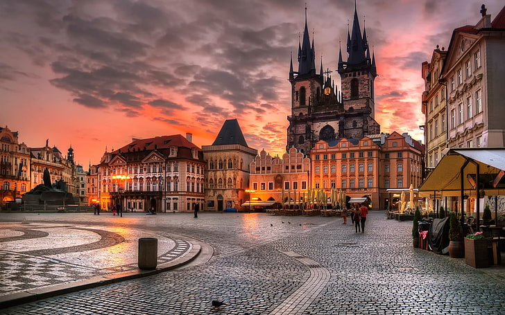 gray concrete cathedral, architecture, building, evening, lights, cityscape, clouds, Prague, Czech Republic, house, town square, old building, sunset, cafes, people, HDR, cathedral, statue, history, HD wallpaper