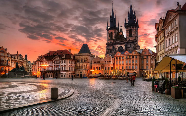 cathedral, evening, cityscape, cafes, town square, people, Prague, Czech Republic, sunset, history, house, building, architecture, lights, HDR, clouds, old building, statue, HD wallpaper