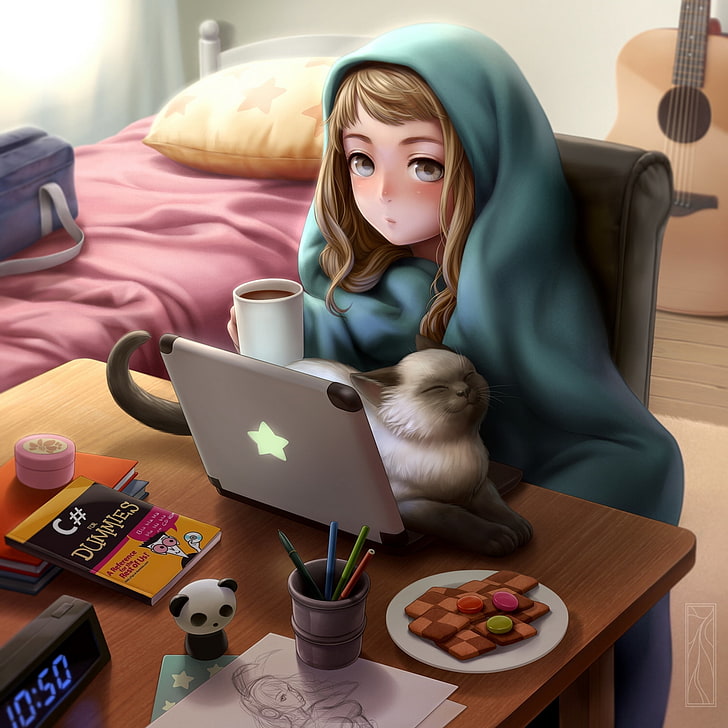 kobieta siedzi na krześle przed ilustracją laptopa, kotikomori, laptop, kot, dziewczyna, Tapety HD