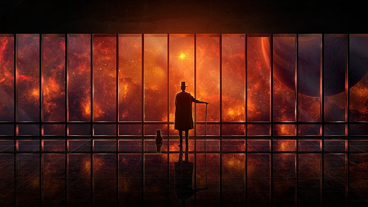 uomo in cappotto davanti allo sfondo della finestra di vetro, spazio, pianeta, stelle, finestra, riflesso, fantascienza, gatto, Sfondo HD