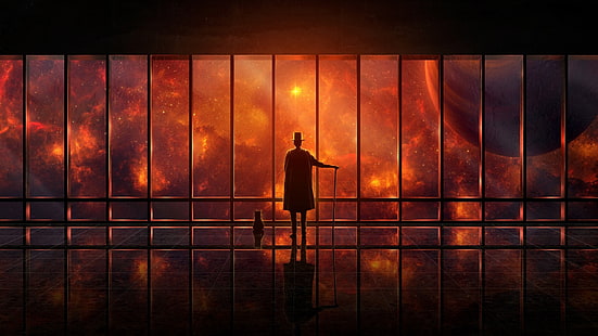 uomo in cappotto davanti allo sfondo della finestra di vetro, spazio, pianeta, stelle, finestra, riflesso, fantascienza, gatto, Sfondo HD HD wallpaper