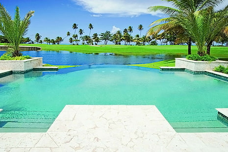 Тропически остров голф, изглед, остров, езеро, тропически, трева, Южно-Тихия океан, Фиджи, страна, океан, голф, рай, безкрайност, плуване, екзотика, HD тапет HD wallpaper