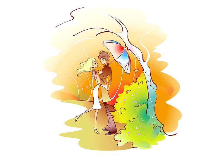 mężczyzna i kobieta pod parasolem podczas przytulania ilustracja, para, sztuka, rysunek, miłość, drzewa, park, parasol, uściski, Tapety HD