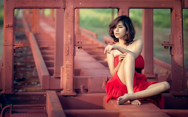 women's red strapless dress, Asian, brunette, women outdoors, sitting, legs, dress, red dress, women, barefoot, HD wallpaper