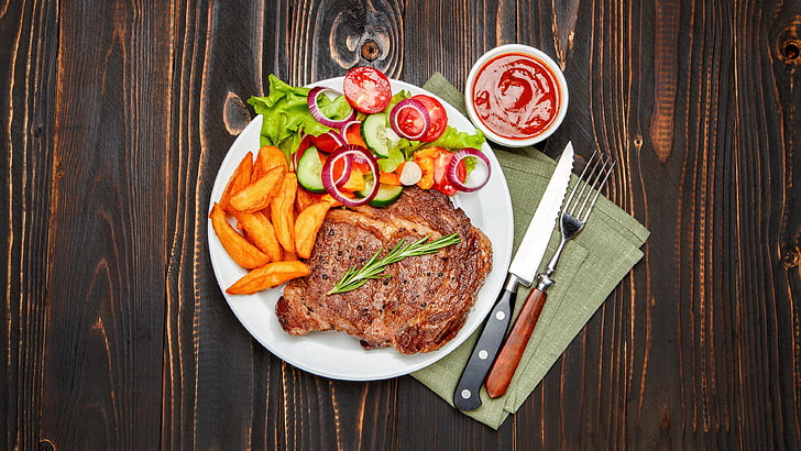 food, dish, steak, meat, meal, rib eye steak, fried food, sauce, fork, knife, salad, french fry, HD wallpaper