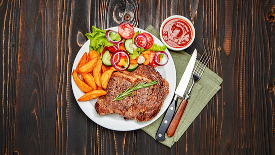 food, dish, steak, meat, meal, rib eye steak, fried food, sauce, fork, knife, salad, french fry, HD wallpaper HD wallpaper