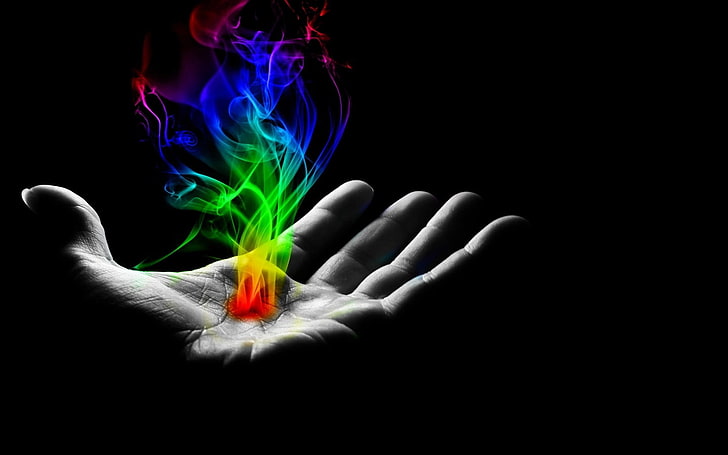 mehrfarbige Flamme auf digitaler Tapete der menschlichen Palme, Rauch, Hände, HD-Hintergrundbild