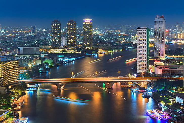 cityskyline during nighttime photography, night, bridge, the city, lights, river, boats, excerpt, Thailand, Bangkok, By Noom HH, HD wallpaper