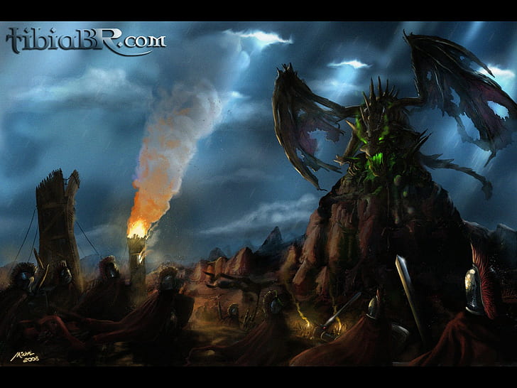 Tibia, PC gaming, RPG, dragon, warrior, HD wallpaper