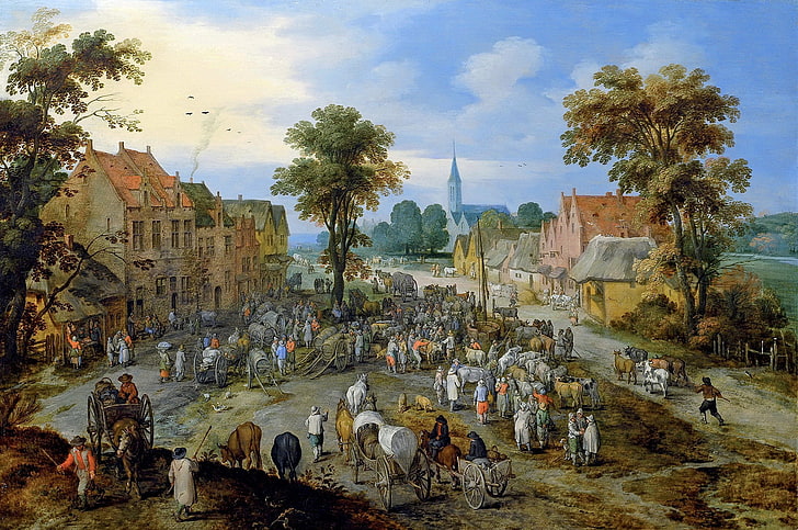 paysage, maison, photo, genre, Jan Brueghel le plus jeune, Jan Brueghel le plus vieux, marché aux bestiaux dans le village, Fond d'écran HD