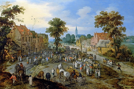 paesaggio, casa, foto, genere, Jan Brueghel il giovane, Jan Brueghel il vo, Mercato del bestiame nel villaggio, Sfondo HD HD wallpaper