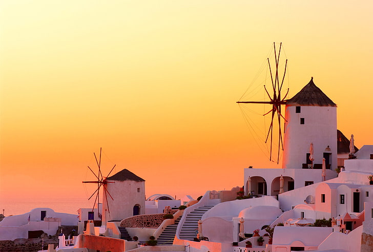 maison de béton blanche, coucher de soleil, la ville, à la maison, le soir, Santorin, Grèce, moulin, Oia, vent, Fond d'écran HD