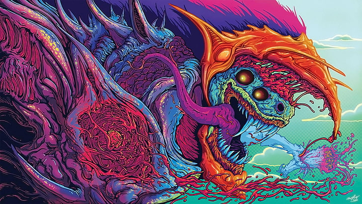 ilustrasi monster dan biru, oranye, seni, binatang, pembunuh, Binatang Hiper, Wallpaper HD
