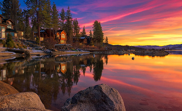 green leafed tree, the sky, clouds, snow, trees, sunset, lake, stones, home, CA, USA, Tahoe, HD wallpaper