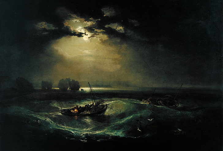 ludzie jadący łodzią po wybrzeżu ilustracja, fala, noc, chmury, księżyc, łódź, obraz, pejzaż morski, William Turner, Rybacy na morzu, Tapety HD
