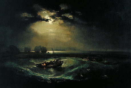 människor som rider på båt på kusten illustration, våg, natt, moln, månen, båt, bild, marinmålning, William Turner, fiskare till havs, HD tapet HD wallpaper