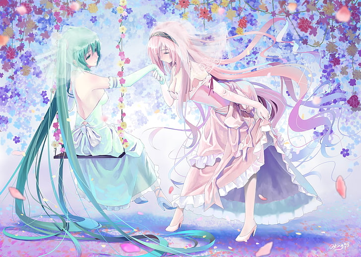 illustration de personnages anime filles aux cheveux vert et rose, fleurs, robe, Vocaloid, Megurine Luka, Hatsune Miku, robe de mariée, talons hauts, Fond d'écran HD