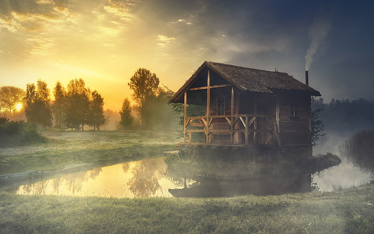 forest, summer, the sky, grass, the sun, trees, landscape, nature, fog, comfort, lake, house, reflection, dawn, shore, smoke, silence, morning, pipe, wooden, island, early, pond, veranda, hut, lonely, rural landscape, HD wallpaper