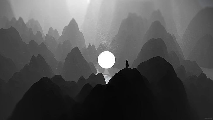 moon, peak, silhouette, mountains, black, black and white, sky, light, rock, monochrome, mist, mountain, fog, HD wallpaper