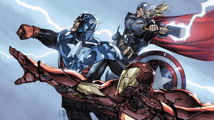 Tapety cyfrowe Kapitan Ameryka i Iron Man, Kapitan Ameryka, Thor, Iron Man, Marvel Comics, superbohater, błyskawica, Tapety HD
