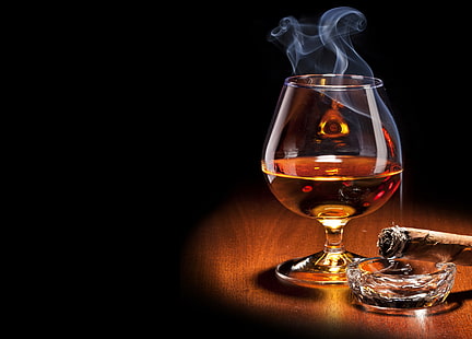 round clear glass footed cup, smoke, glass, cigar, black background, cognac, HD wallpaper HD wallpaper