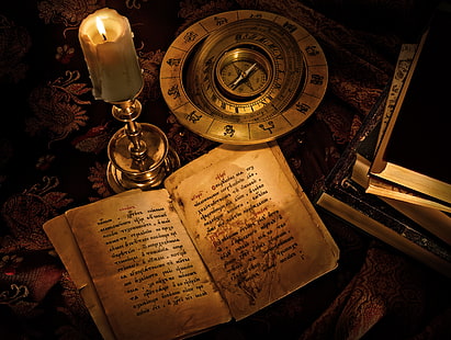 коричневая книга, надпись, книги, свеча, компас, знаки зодиака, гарри поттер, HD обои HD wallpaper