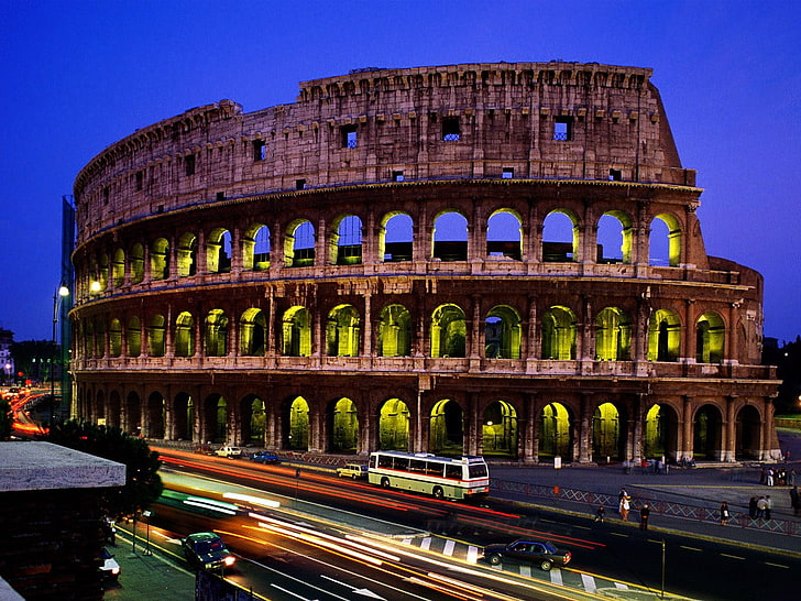 town, lights, Rome, ruin, architecture, photography, road, Colosseum, HD wallpaper