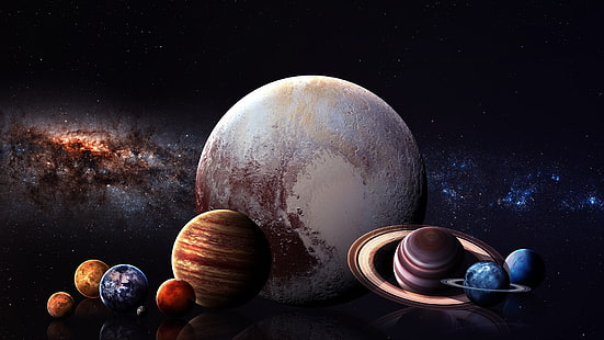 عطارد ، انعكاس ، كوكب المريخ ، النظام الشمسي ، كوكب المشتري ، أورانوس ، الزهرة ، الأرض ، فن الفضاء ، القمر ، نبتون ، الفن الرقمي ، درب التبانة ، الفضاء ، آفاق جديدة ، كوكب ، بلوتو ، زحل ، نجوم ، عرض ، ثلاثي الأبعاد، خلفية HD HD wallpaper