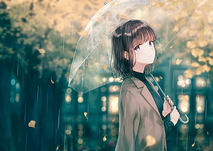 Anime, original, svart hår, höst, flicka, lila ögon, regn, kort hår, paraply, HD tapet HD wallpaper