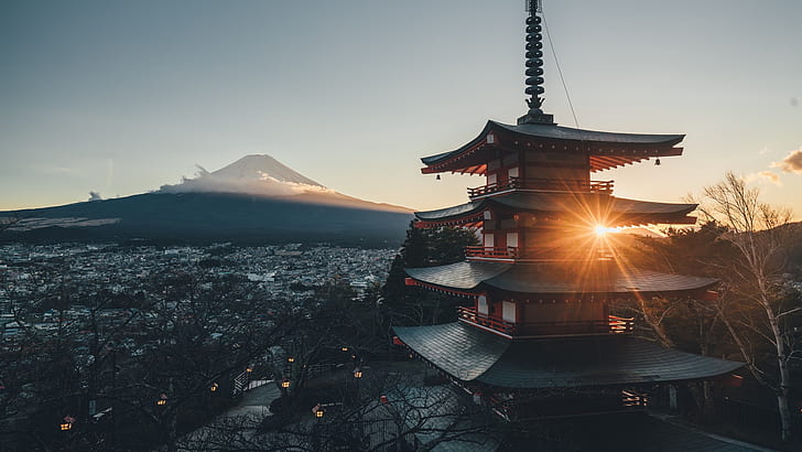 paysage, montagnes, lumière du soleil, Japon, architecture, pagode, Fuji, paysage urbain, fusées éclairantes, volcan, Fond d'écran HD